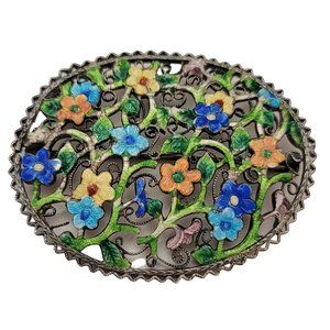 Czechoslovakia Blue Yellow Green Orange Enamel Oval Filigree Flowers Brooch E618